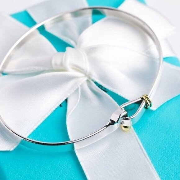 Tiffany & Co. Bracelet Vintage Hook & Eye Bangle 18K Gold & Sterling Silver 7” - Picture 3 of 10